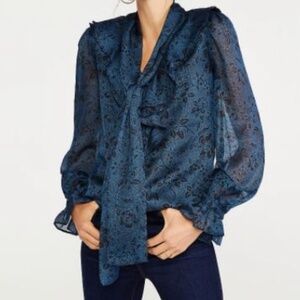 Ann Taylor | Women's Petite Floral Ruffle Collar Tie Bow Blouse | Size XLP